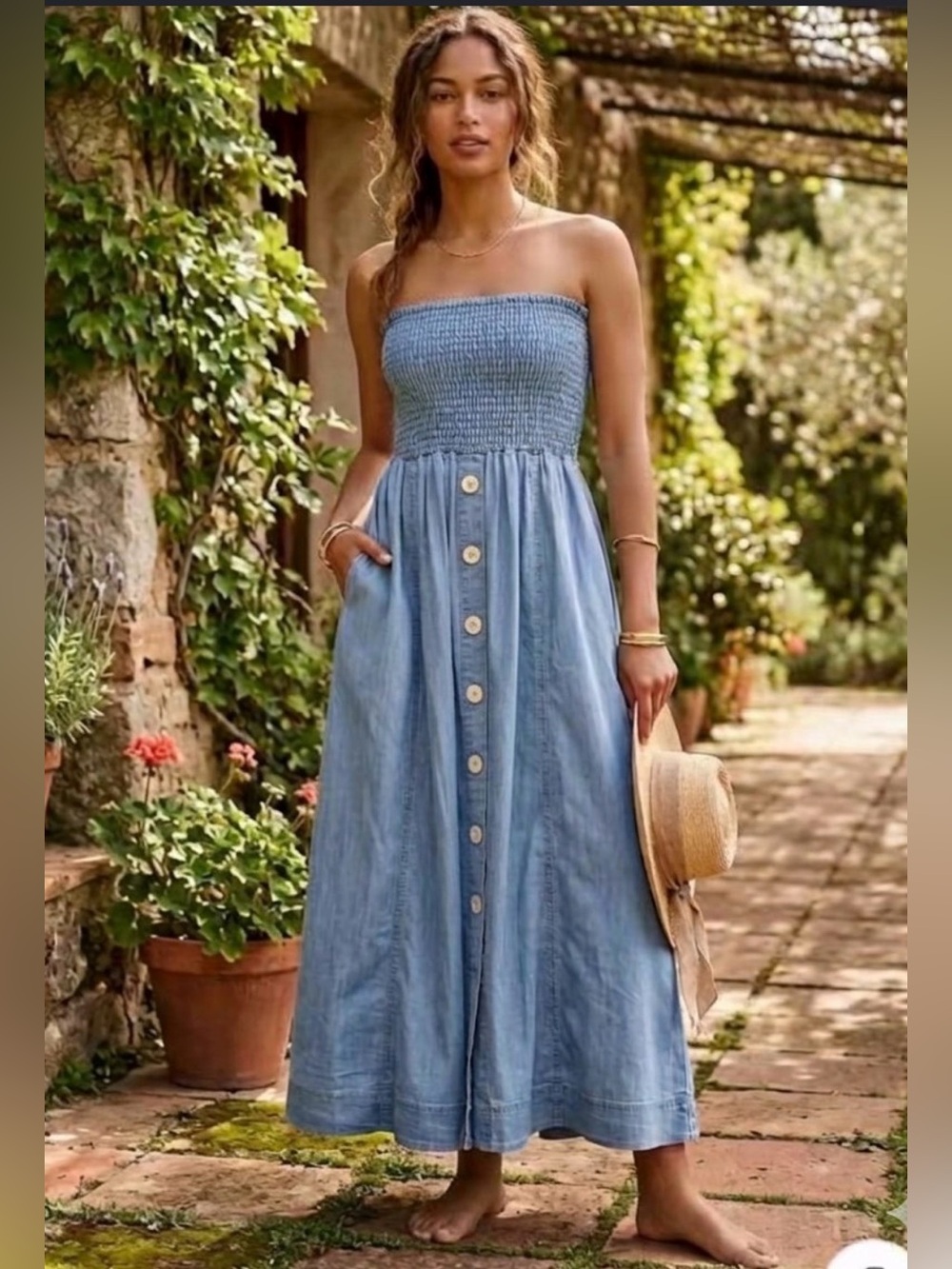 Smocked Strapless Button-Front Denim Dress - Blue